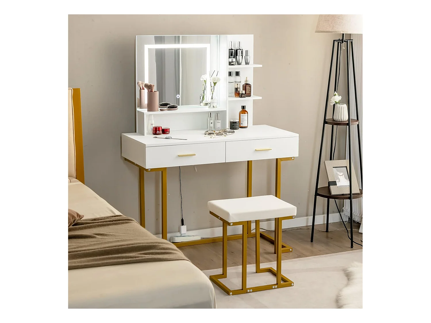 Coiffeuse avec Miroir Lumineux et Tabouret, Table de Maquillage Luminosité Réglable Cadre en Acier Doré avec 2 Grand Tiroirs, 2 Étagères, 1 Compartiment pour Chambre, Vestiaire (Blanc+Doré)