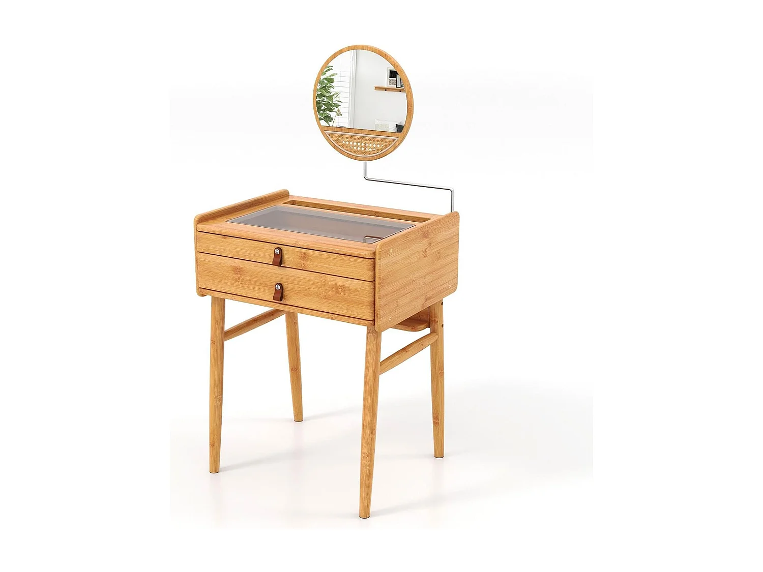Coiffeuse avec Miroir Pivotant, Coiffeuse en Bambou avec 2 Tiroirs Coulissants, Petite Vanité, Plateau en Verre Trempé Élégant, pour Chambre, Salon, Petit Espace