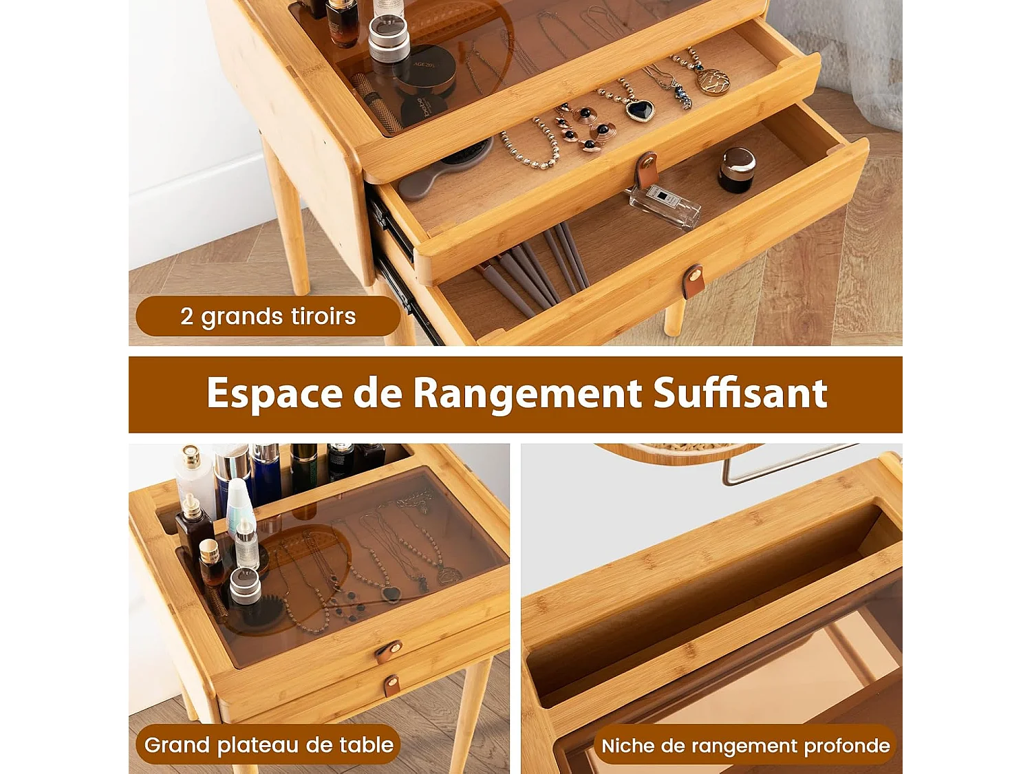 Coiffeuse avec Miroir Pivotant, Coiffeuse en Bambou avec 2 Tiroirs Coulissants, Petite Vanité, Plateau en Verre Trempé Élégant, pour Chambre, Salon, Petit Espace