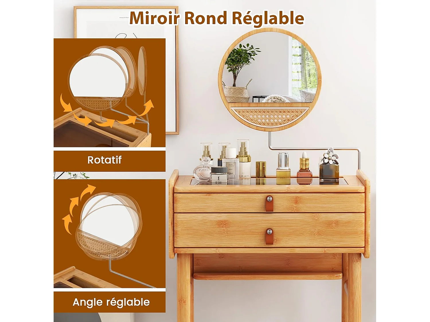 Coiffeuse avec Miroir Pivotant, Coiffeuse en Bambou avec 2 Tiroirs Coulissants, Petite Vanité, Plateau en Verre Trempé Élégant, pour Chambre, Salon, Petit Espace