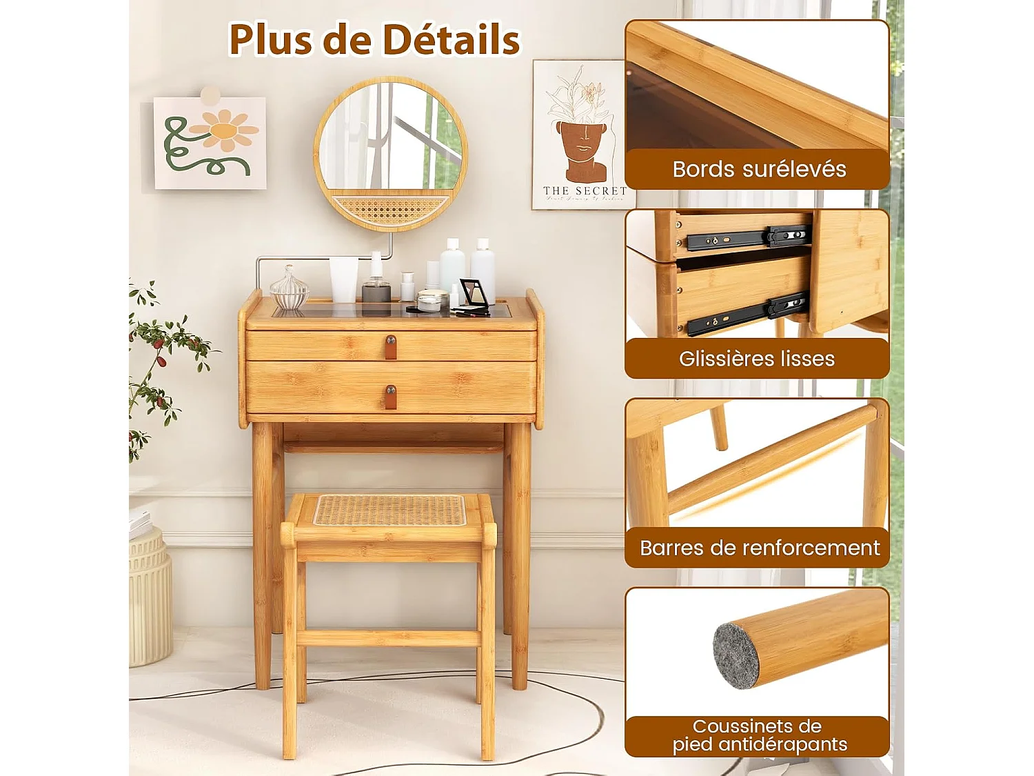 Coiffeuse avec Miroir Pivotant, Coiffeuse en Bambou avec 2 Tiroirs Coulissants, Petite Vanité, Plateau en Verre Trempé Élégant, pour Chambre, Salon, Petit Espace