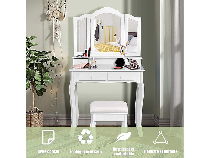 TRIUMPHKEY Grande Coiffeuse avec Miroir LED, Luminosité Réglable,Table