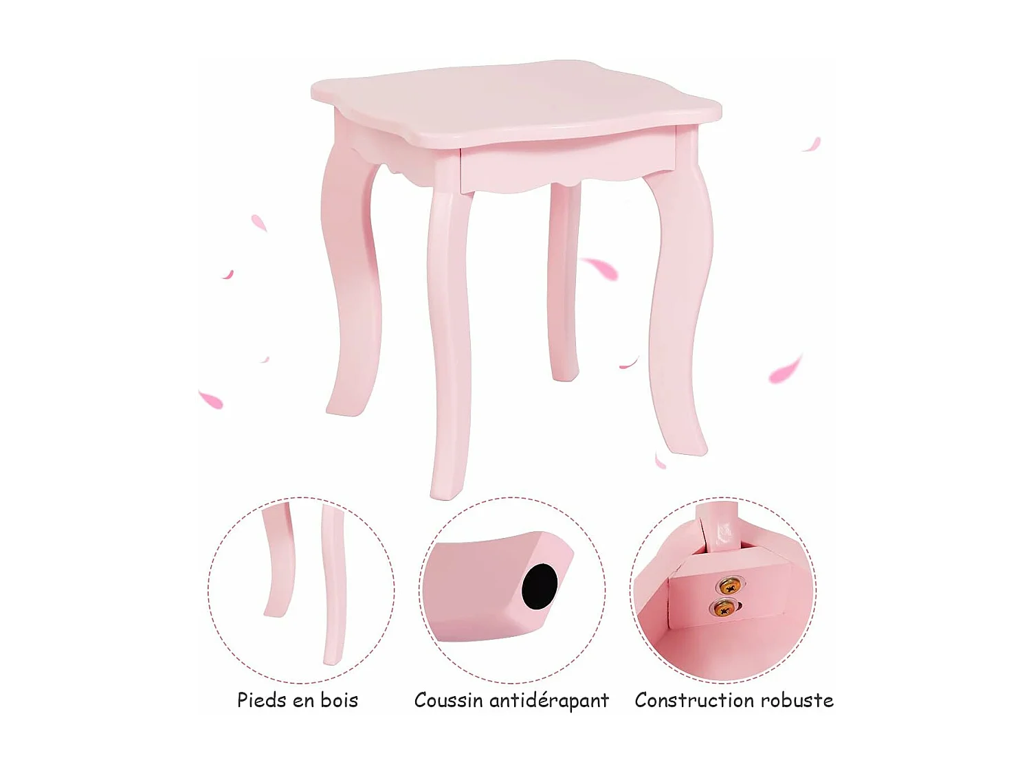Coiffeuse pour Enfants 2 en 1 avec Miroir Amovible et Pliable, 1 Grand Tiroir Style Princesse Rose