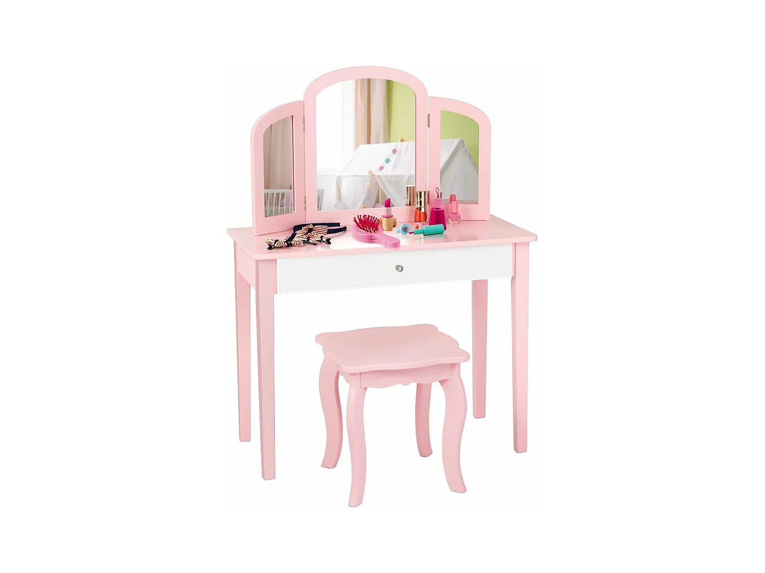 Coiffeuse pour Enfants 2 en 1 avec Miroir Amovible et Pliable, 1 Grand Tiroir Style Princesse Rose