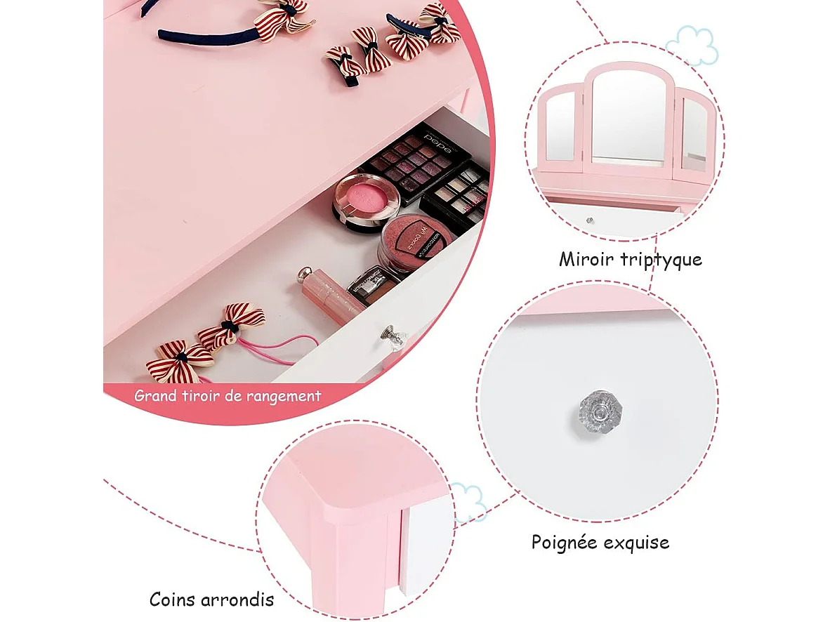Coiffeuse pour Enfants 2 en 1 avec Miroir Amovible et Pliable, 1 Grand Tiroir Style Princesse Rose