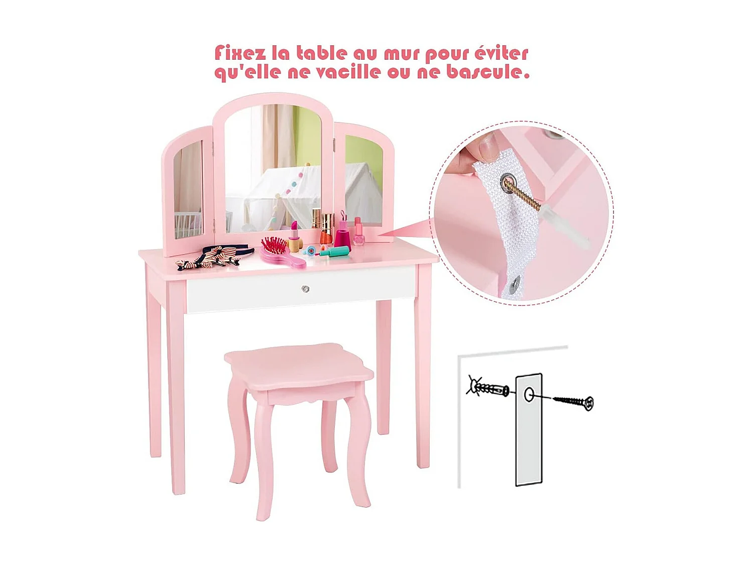 Coiffeuse pour Enfants 2 en 1 avec Miroir Amovible et Pliable, 1 Grand Tiroir Style Princesse Rose