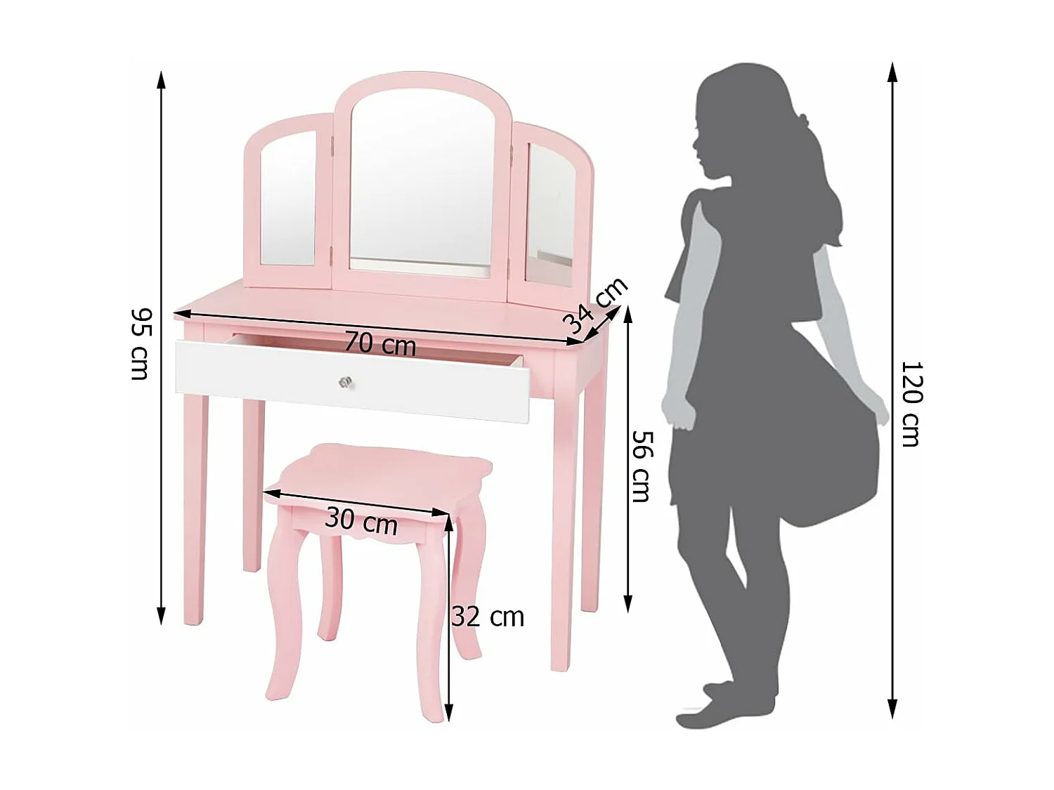 Coiffeuse pour Enfants 2 en 1 avec Miroir Amovible et Pliable, 1 Grand Tiroir Style Princesse Rose