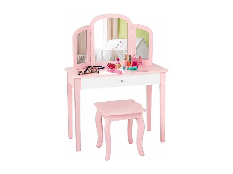 Coiffeuse pour Enfants 2 en 1 avec Miroir Amovible et Pliable, 1 Grand Tiroir Style Princesse Rose