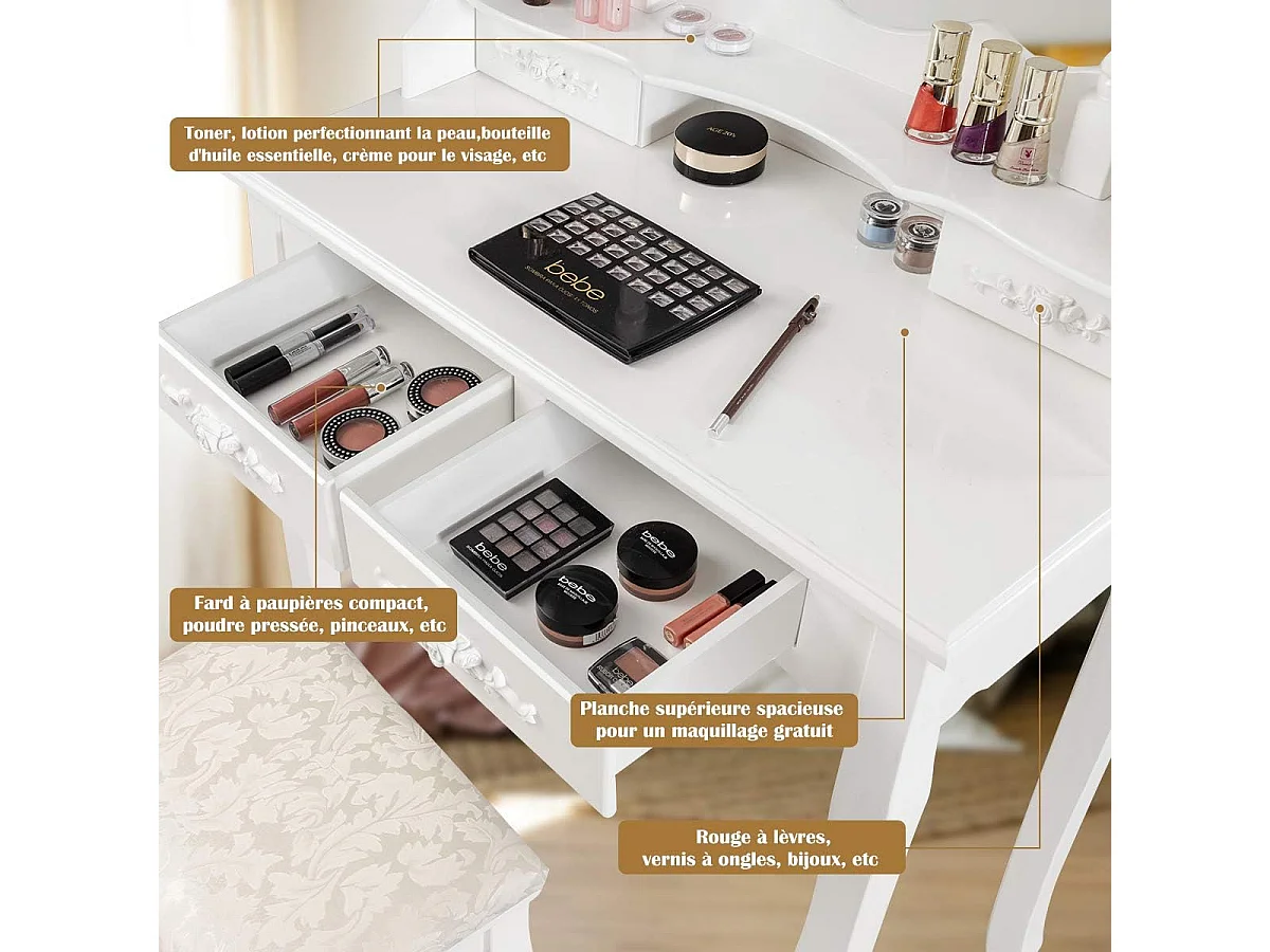 Coiffeuse,Table de Maquillage avec Miroir Oval et 10 Ampoules LED à Intensité Variable, 4 Tiroirs de Rangement Pieds en Sapin avec Patin Antidérapants Noir/Blanc (Blanc)
