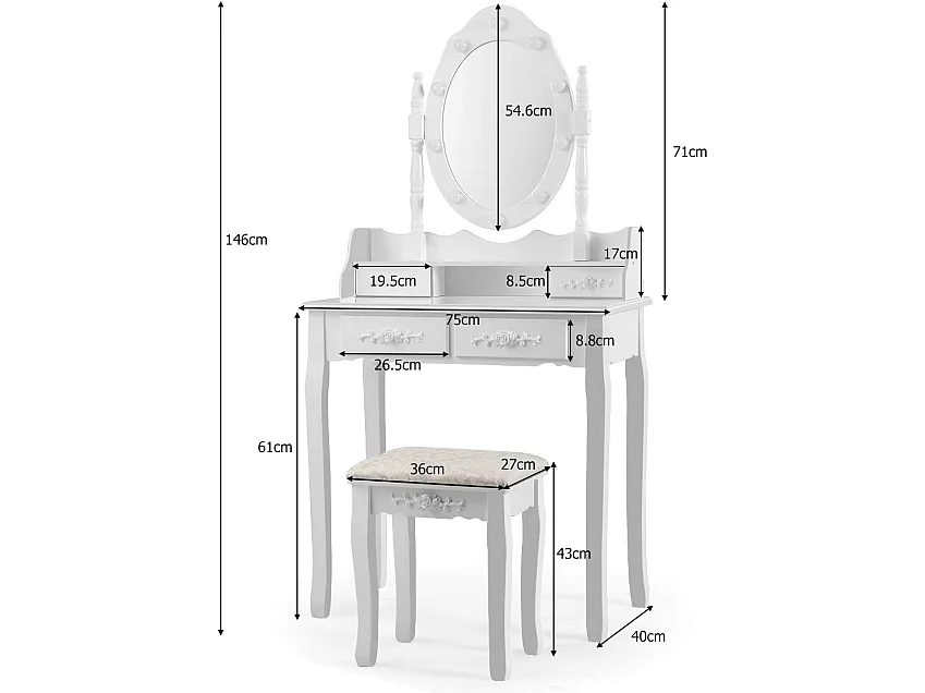 Coiffeuse,Table de Maquillage avec Miroir Oval et 10 Ampoules LED à Intensité Variable, 4 Tiroirs de Rangement Pieds en Sapin avec Patin Antidérapants Noir/Blanc (Blanc)