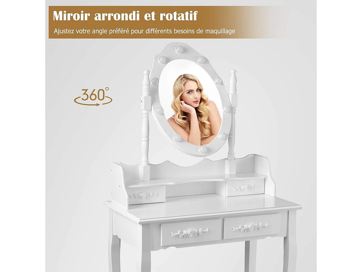 Coiffeuse,Table de Maquillage avec Miroir Oval et 10 Ampoules LED à Intensité Variable, 4 Tiroirs de Rangement Pieds en Sapin avec Patin Antidérapants Noir/Blanc (Blanc)