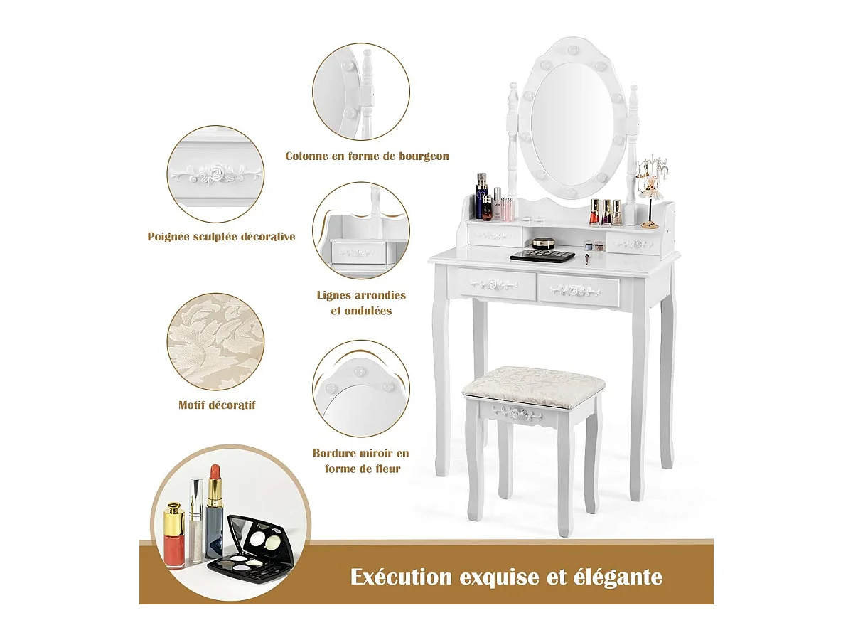 Coiffeuse,Table de Maquillage avec Miroir Oval et 10 Ampoules LED à Intensité Variable, 4 Tiroirs de Rangement Pieds en Sapin avec Patin Antidérapants Noir/Blanc (Blanc)