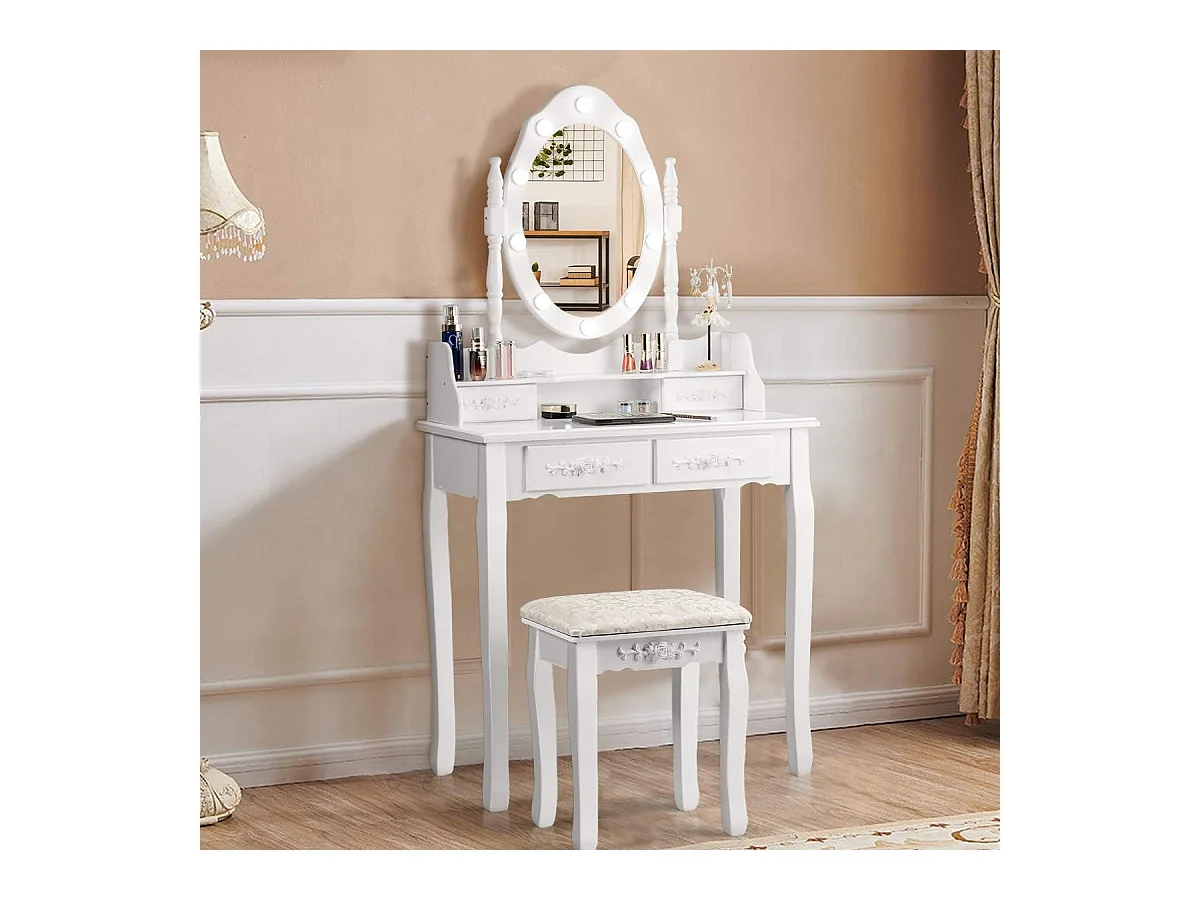 Coiffeuse,Table de Maquillage avec Miroir Oval et 10 Ampoules LED à Intensité Variable, 4 Tiroirs de Rangement Pieds en Sapin avec Patin Antidérapants Noir/Blanc (Blanc)