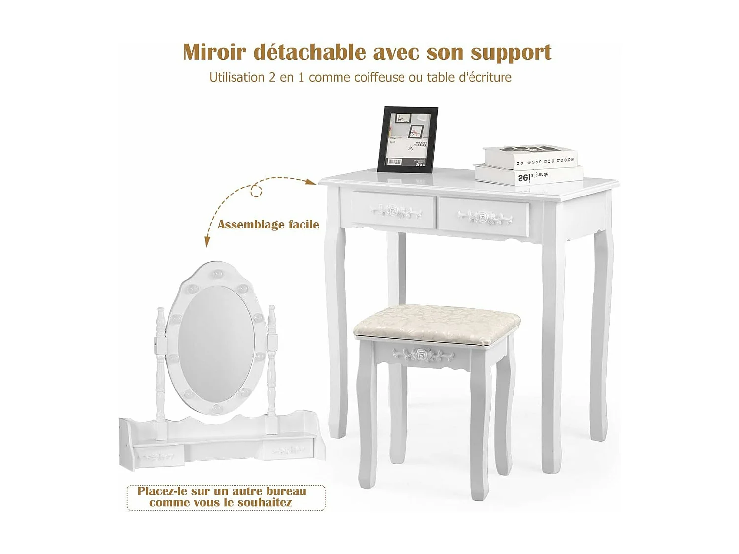 Coiffeuse,Table de Maquillage avec Miroir Oval et 10 Ampoules LED à Intensité Variable, 4 Tiroirs de Rangement Pieds en Sapin avec Patin Antidérapants Noir/Blanc (Blanc)