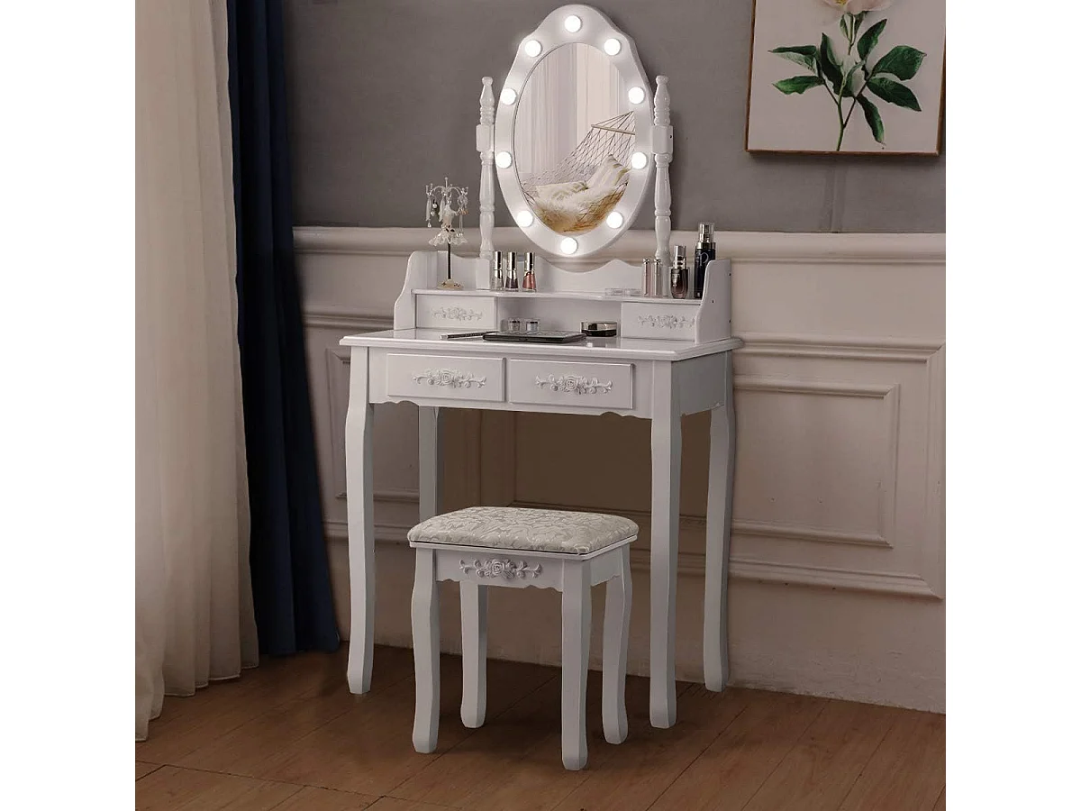 Coiffeuse,Table de Maquillage avec Miroir Oval et 10 Ampoules LED à Intensité Variable, 4 Tiroirs de Rangement Pieds en Sapin avec Patin Antidérapants Noir/Blanc (Blanc)