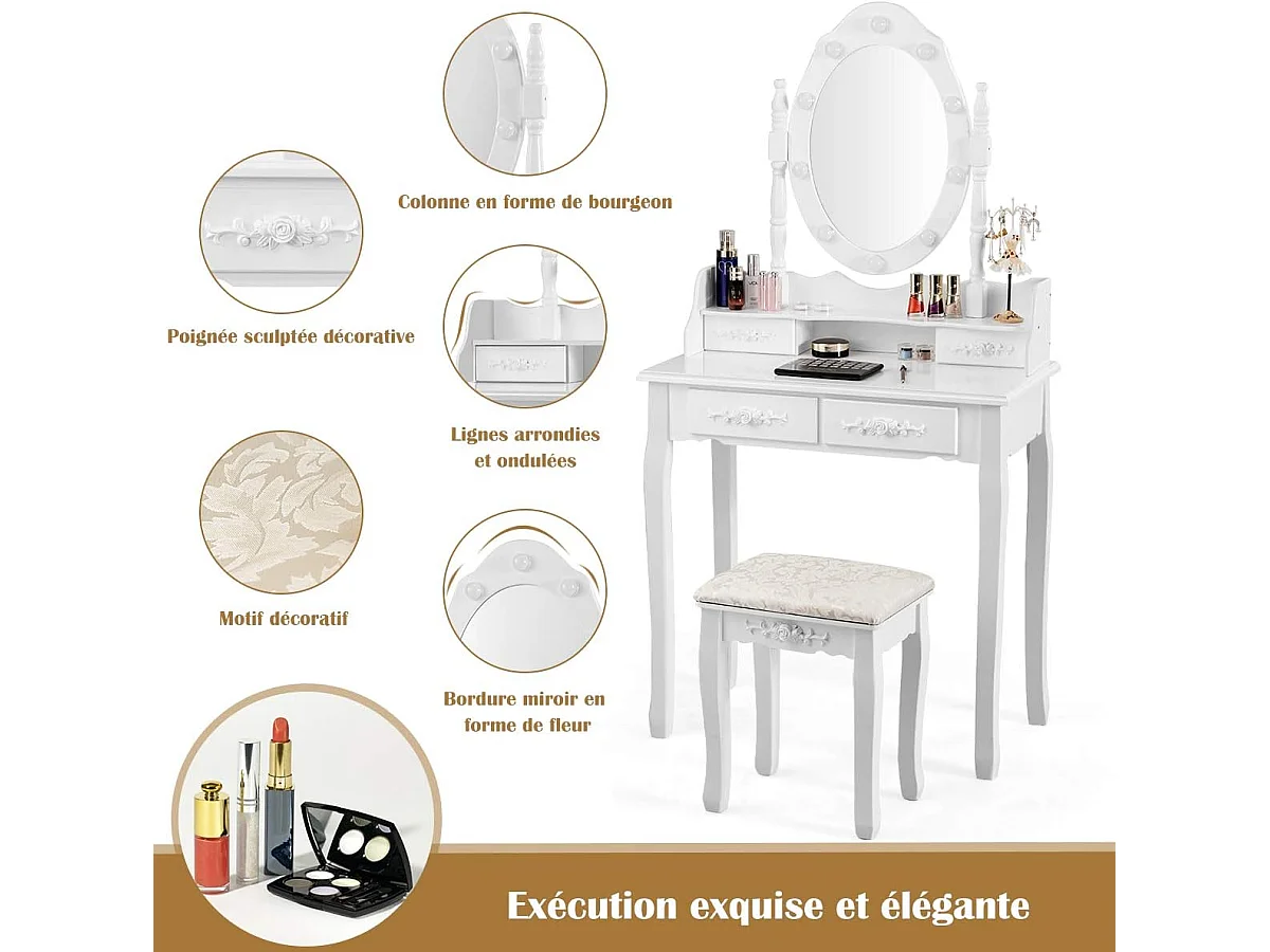 Coiffeuse,Table de Maquillage avec Miroir Oval et 10 Ampoules LED à Intensité Variable, 4 Tiroirs de Rangement Pieds en Sapin avec Patin Antidérapants Noir/Blanc (Blanc)