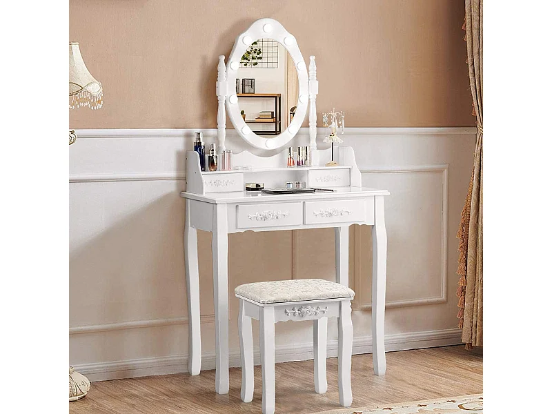 Coiffeuse,Table de Maquillage avec Miroir Oval et 10 Ampoules LED à Intensité Variable, 4 Tiroirs de Rangement Pieds en Sapin avec Patin Antidérapants Noir/Blanc (Blanc)