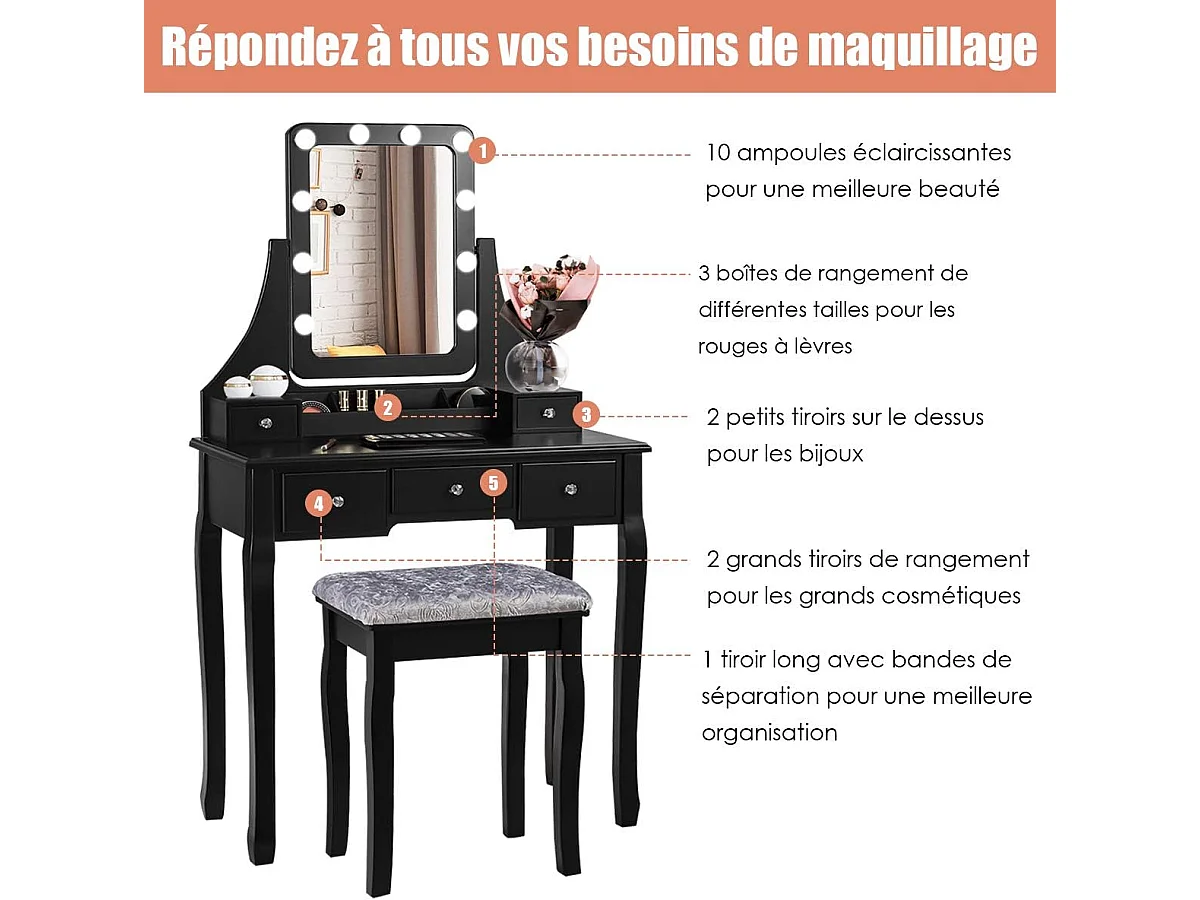 Coiffeuse, Table de Maquillage avec 10 Ampoules LED à Intensité Variable Tabouret avec 5 Tiroirs et Boîtes de Rangement Amovibles Noir