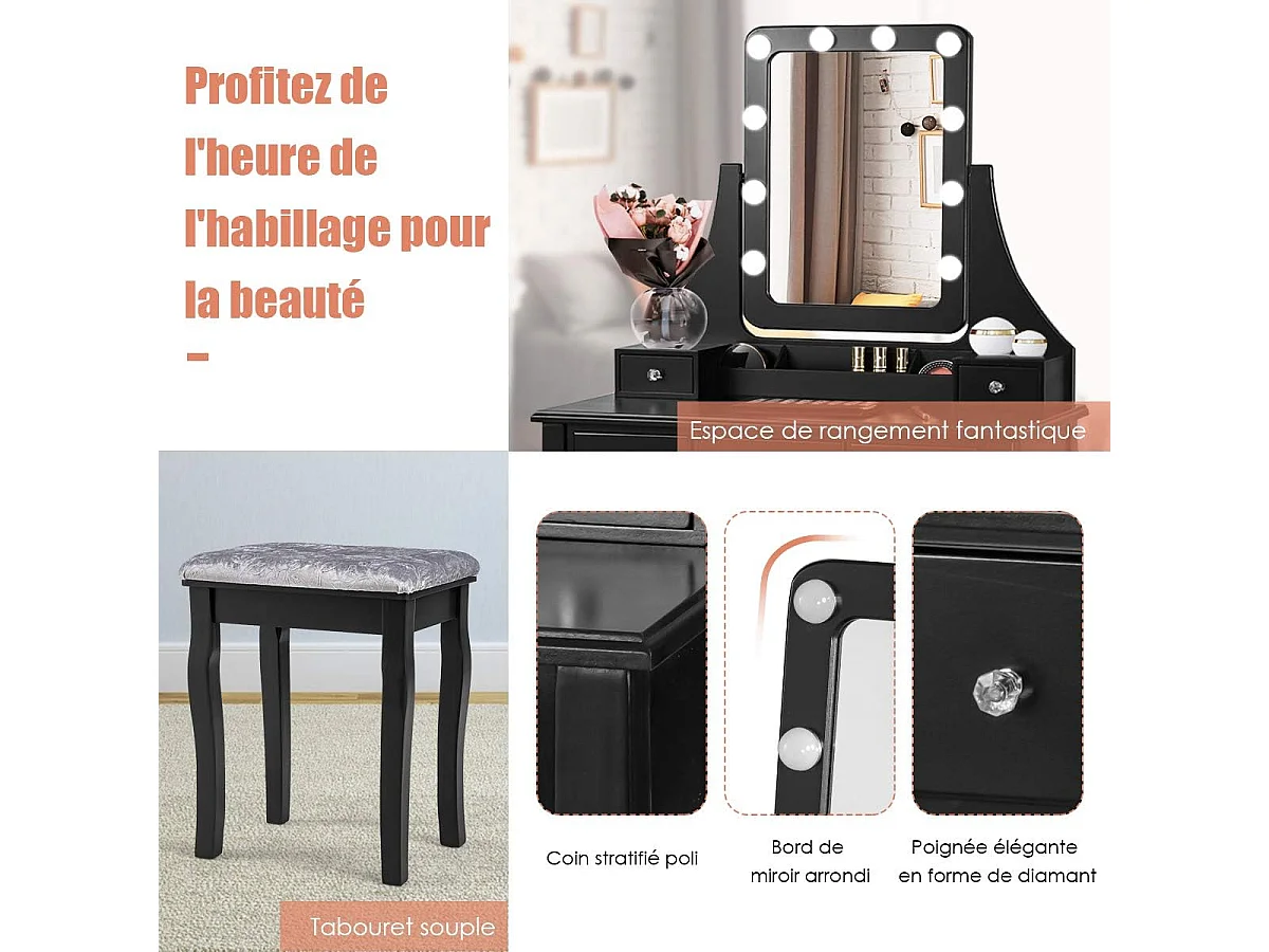 Coiffeuse, Table de Maquillage avec 10 Ampoules LED à Intensité Variable Tabouret avec 5 Tiroirs et Boîtes de Rangement Amovibles Noir