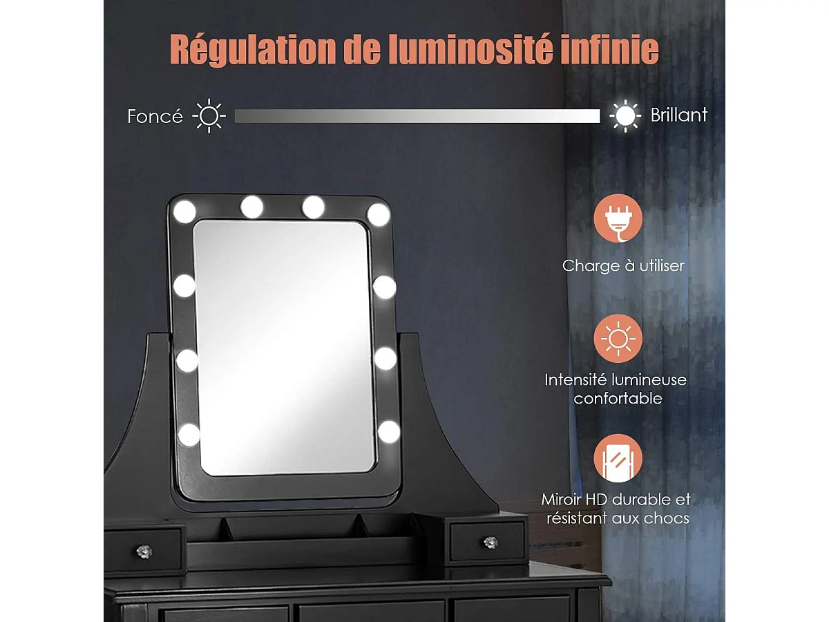 Coiffeuse, Table de Maquillage avec 10 Ampoules LED à Intensité Variable Tabouret avec 5 Tiroirs et Boîtes de Rangement Amovibles Noir