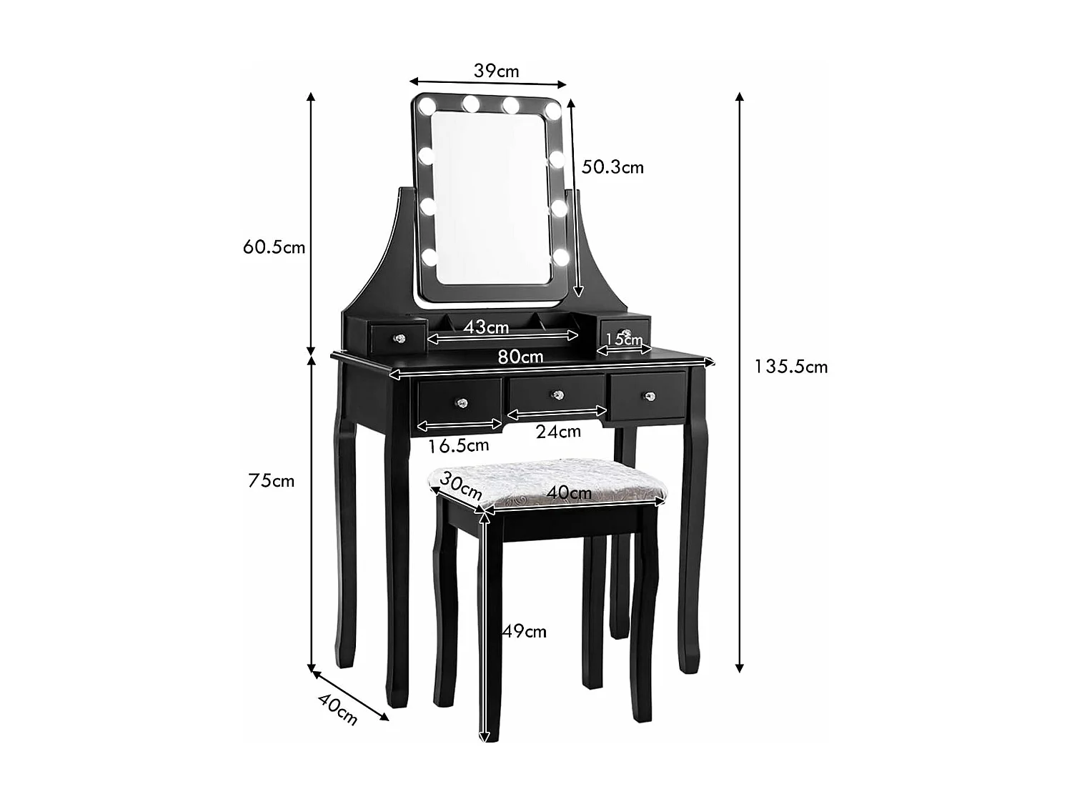 Coiffeuse, Table de Maquillage avec 10 Ampoules LED à Intensité Variable Tabouret avec 5 Tiroirs et Boîtes de Rangement Amovibles Noir