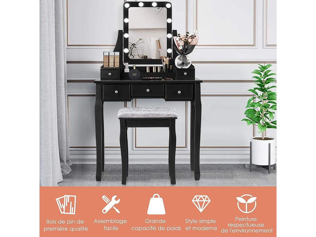 Coiffeuse, Table de Maquillage avec 10 Ampoules LED à Intensité Variable Tabouret avec 5 Tiroirs et Boîtes de Rangement Amovibles Noir