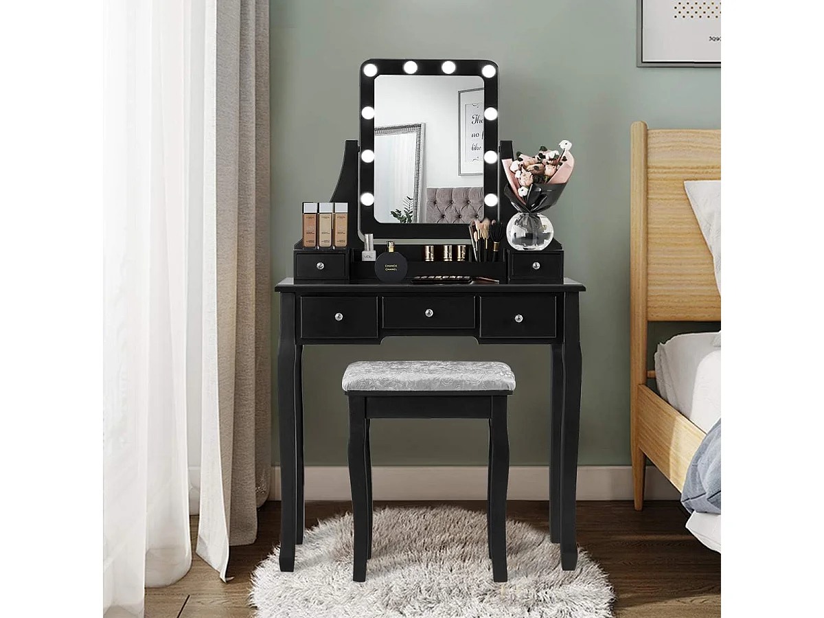 Coiffeuse, Table de Maquillage avec 10 Ampoules LED à Intensité Variable Tabouret avec 5 Tiroirs et Boîtes de Rangement Amovibles Noir