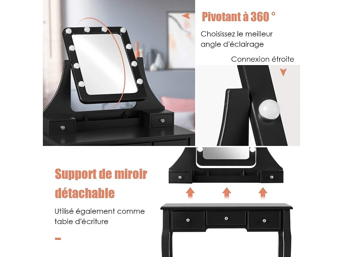 Coiffeuse, Table de Maquillage avec 10 Ampoules LED à Intensité Variable Tabouret avec 5 Tiroirs et Boîtes de Rangement Amovibles Noir