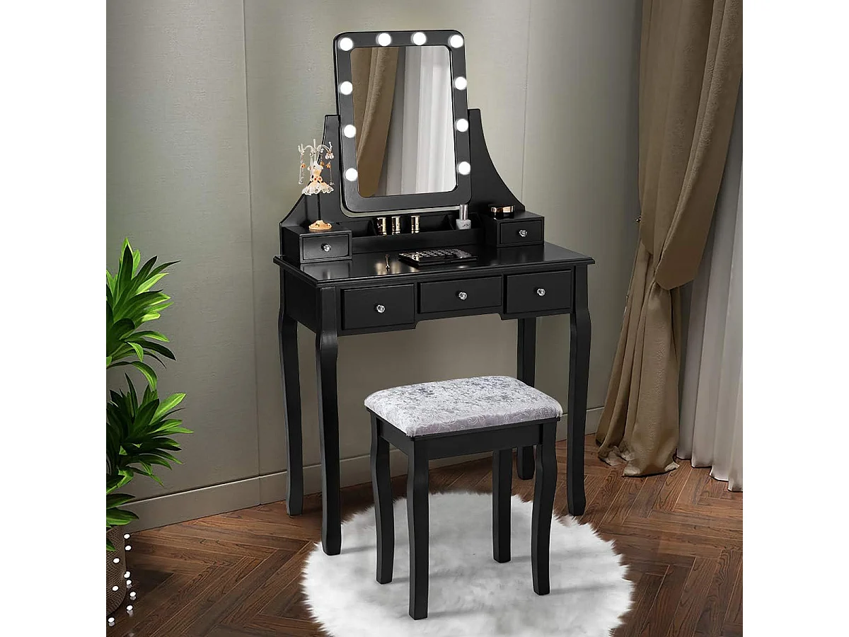 Coiffeuse, Table de Maquillage avec 10 Ampoules LED à Intensité Variable Tabouret avec 5 Tiroirs et Boîtes de Rangement Amovibles Noir