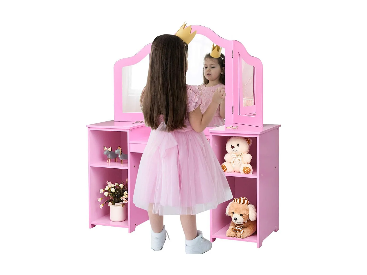 Coiffeuse pour Enfants 2 en 1 avec Miroir Amovible, Bureau Enfant avec 4 Étagères de Style Princesse pour Filles, Rose