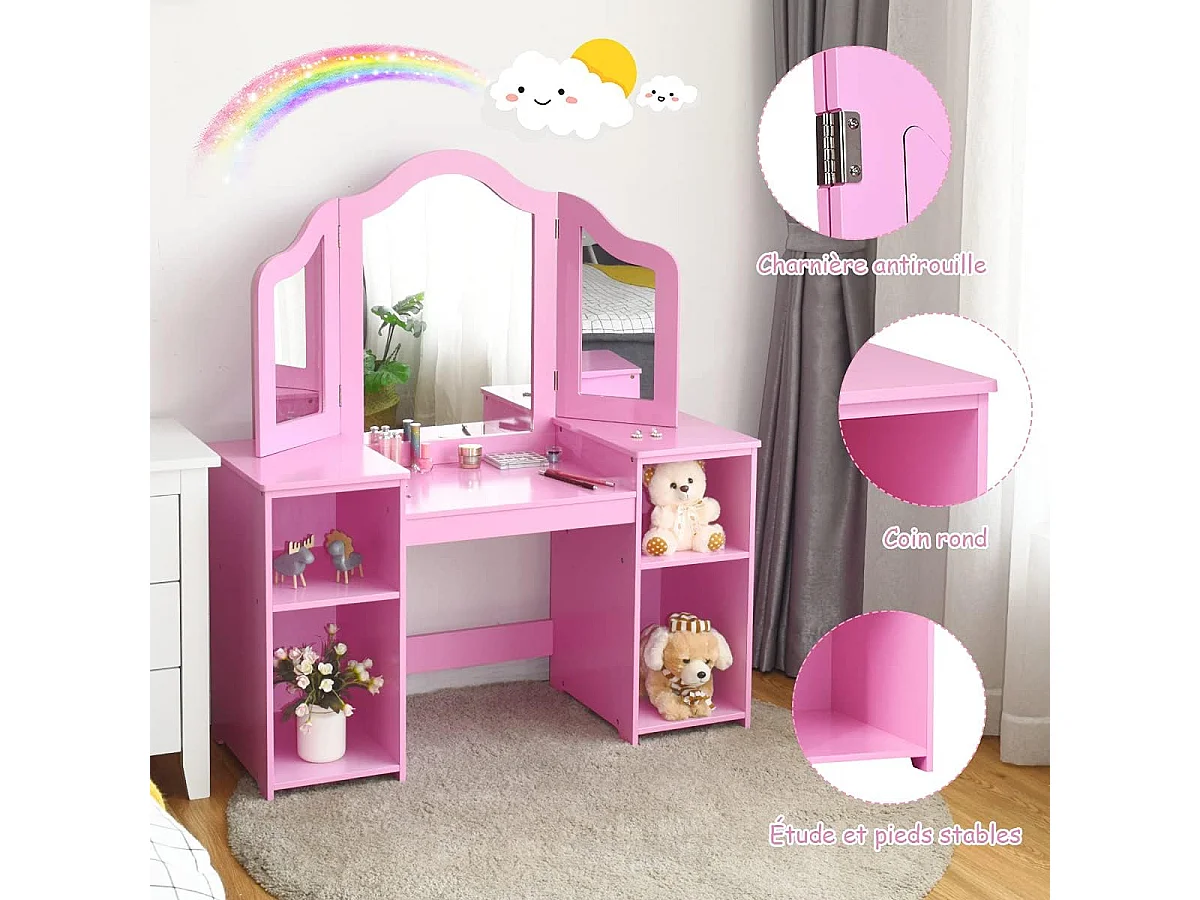 Coiffeuse pour Enfants 2 en 1 avec Miroir Amovible, Bureau Enfant avec 4 Étagères de Style Princesse pour Filles, Rose