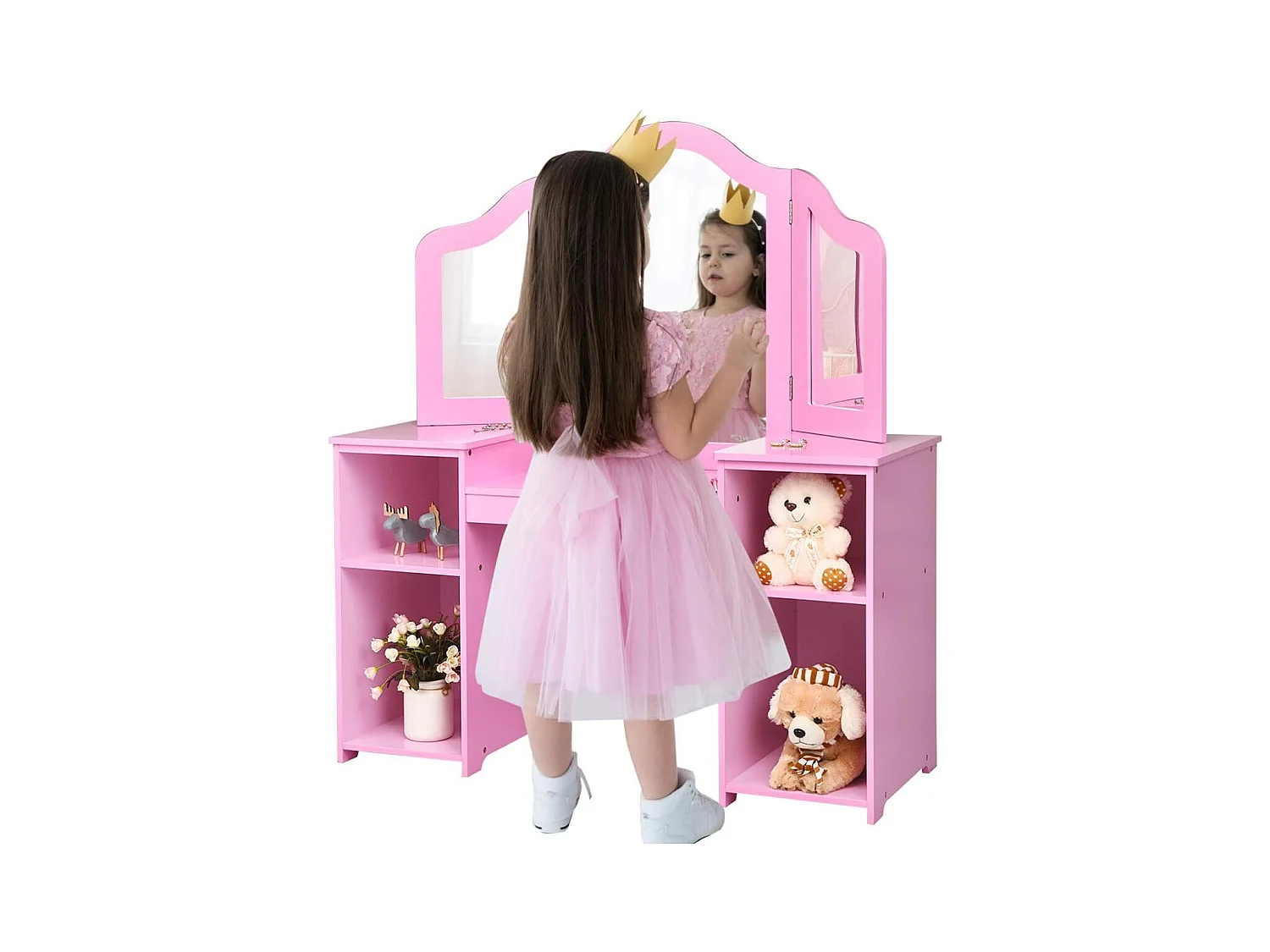 Coiffeuse pour Enfants 2 en 1 avec Miroir Amovible, Bureau Enfant avec 4 Étagères de Style Princesse pour Filles, Rose