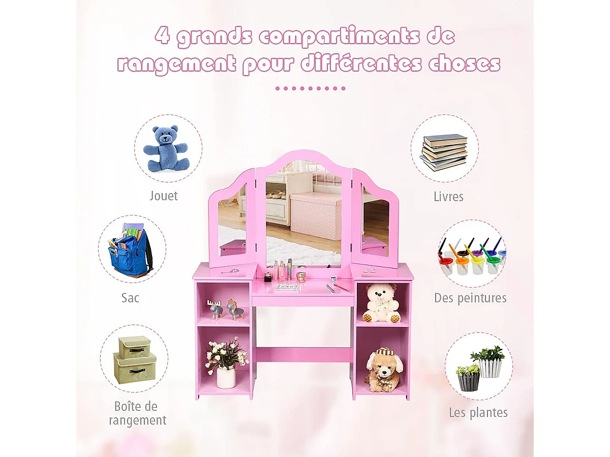 2-in-1 kinderkaptafel met afneembare spiegel, kinderbureau met 4 planken in prinsesstijl voor meisjes, roze
