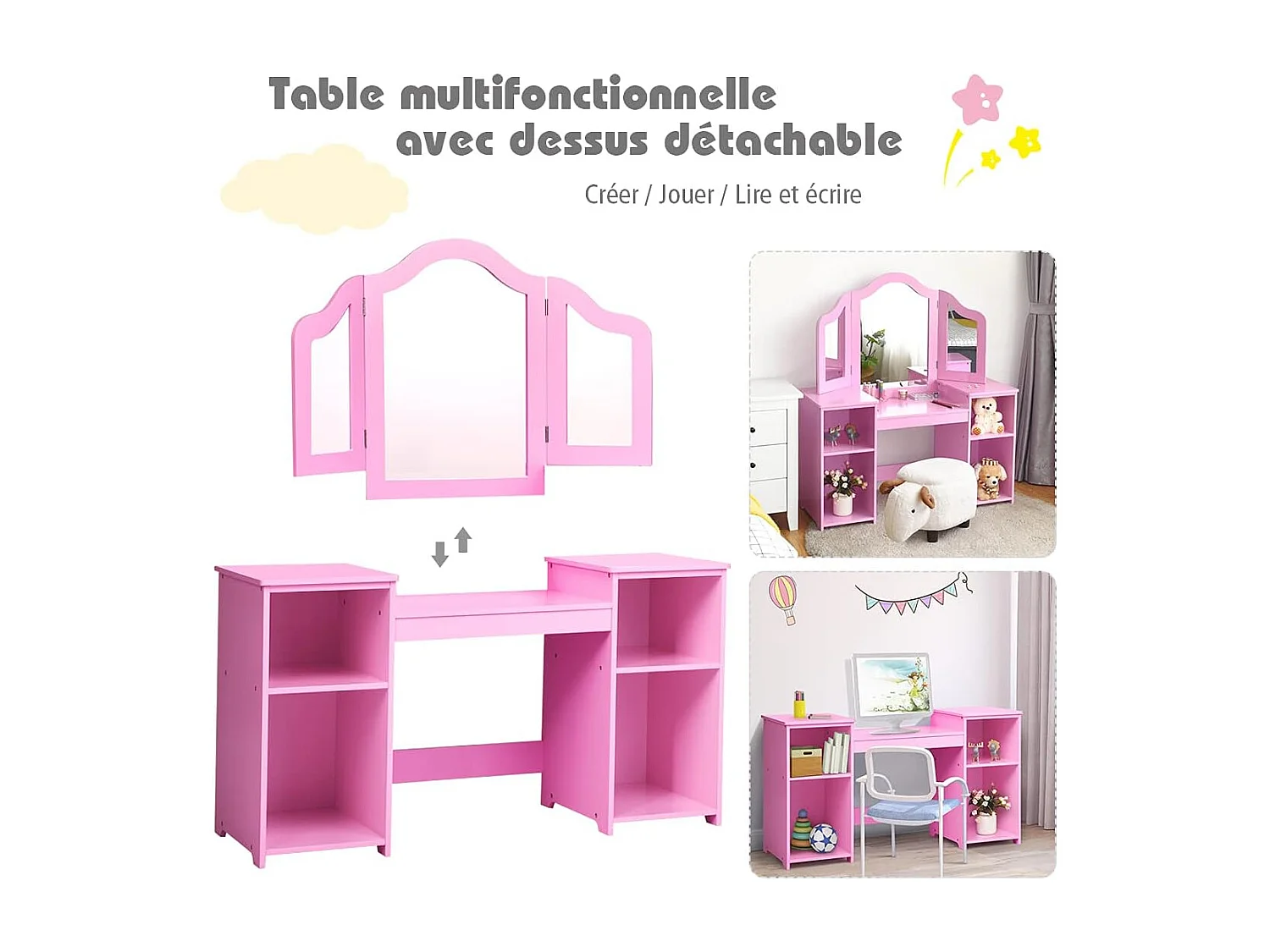 2-in-1 kinderkaptafel met afneembare spiegel, kinderbureau met 4 planken in prinsesstijl voor meisjes, roze