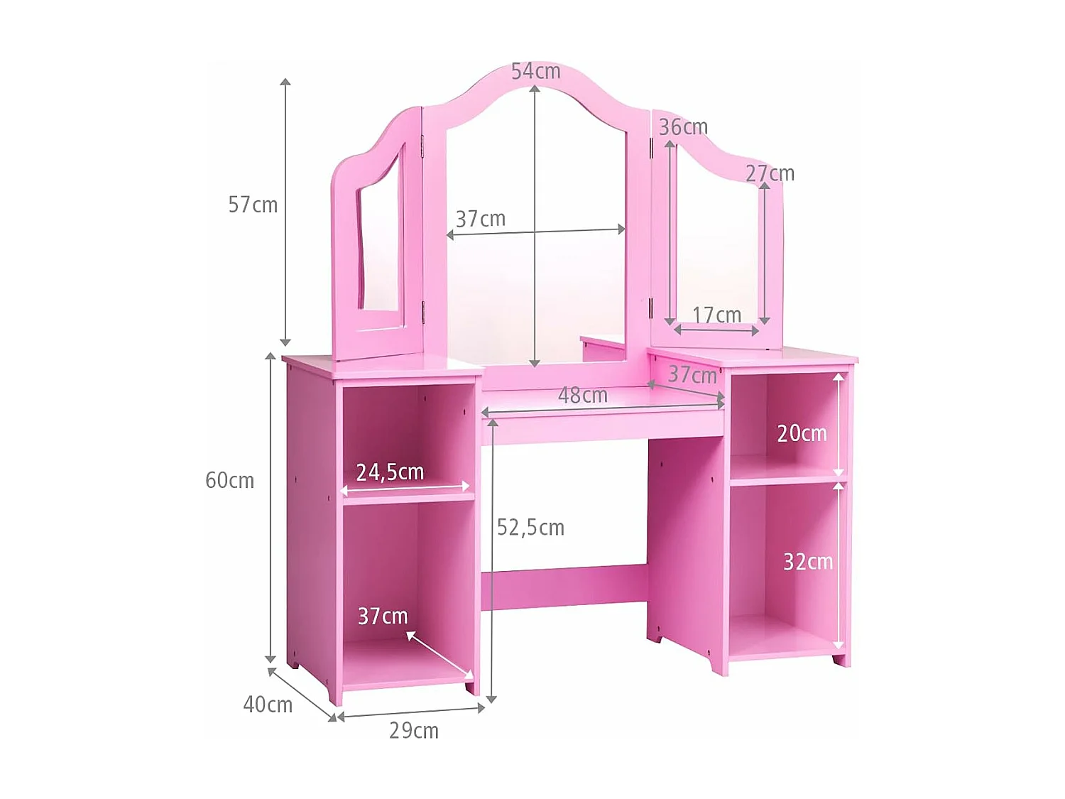 2-in-1 kinderkaptafel met afneembare spiegel, kinderbureau met 4 planken in prinsesstijl voor meisjes, roze