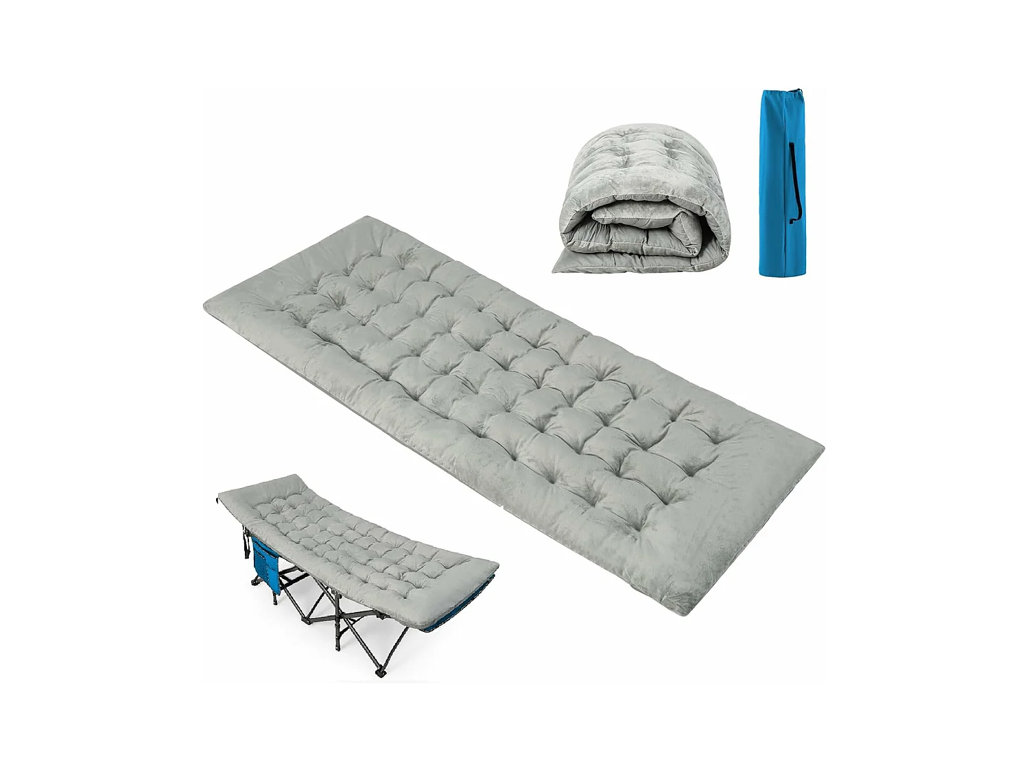 Matelas de Camping Inclinable en Velours Cristal, Matelas de Couchage avec 4 Sangles de Fixation Poche de Fixation de Lit pour Voyages Randonnée, Épaissi de 190x70x7 cm Gris