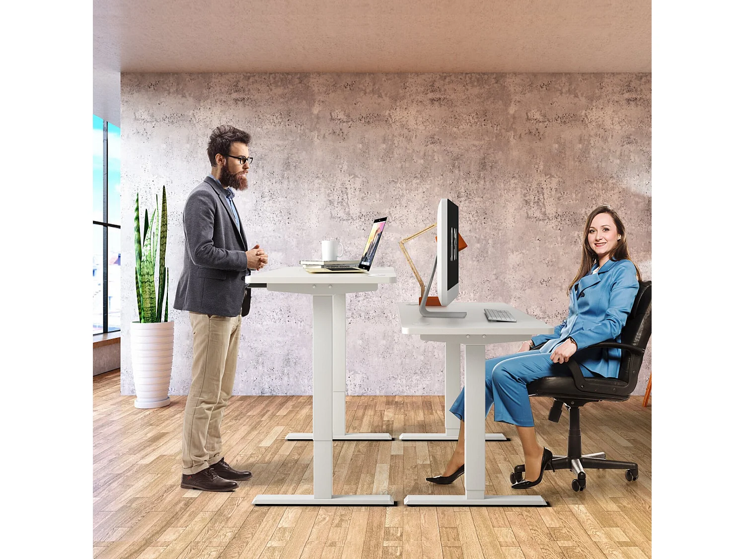 Bureau Assis Debout Électrique à 2 Moteurs/Cadre de Bureau Réglable avec Panneau Smart à Fonctions Mémoires, Charge 100kg, Blanc