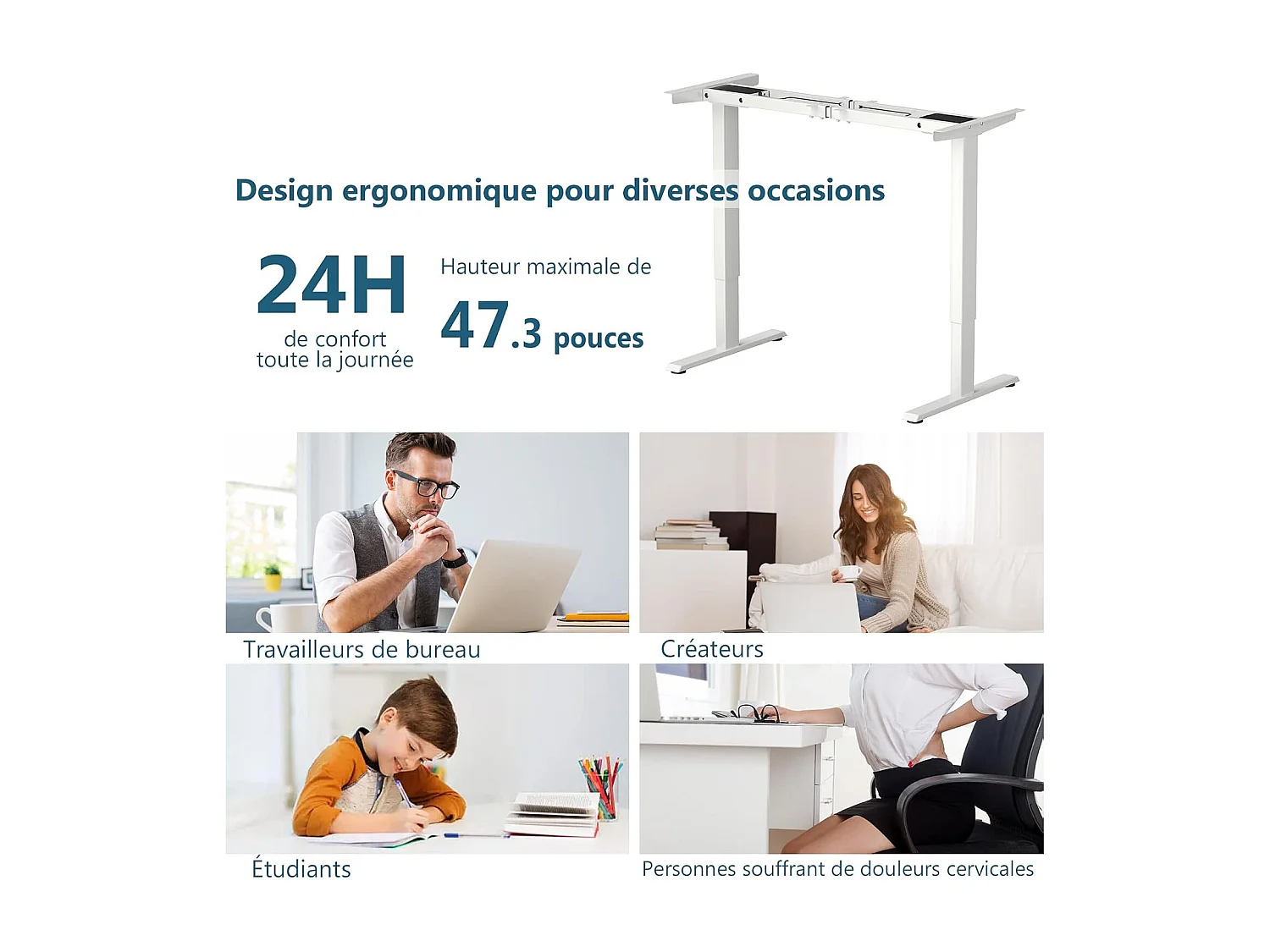 Bureau Assis Debout Électrique à 2 Moteurs/Cadre de Bureau Réglable avec Panneau Smart à Fonctions Mémoires, Charge 100kg, Blanc