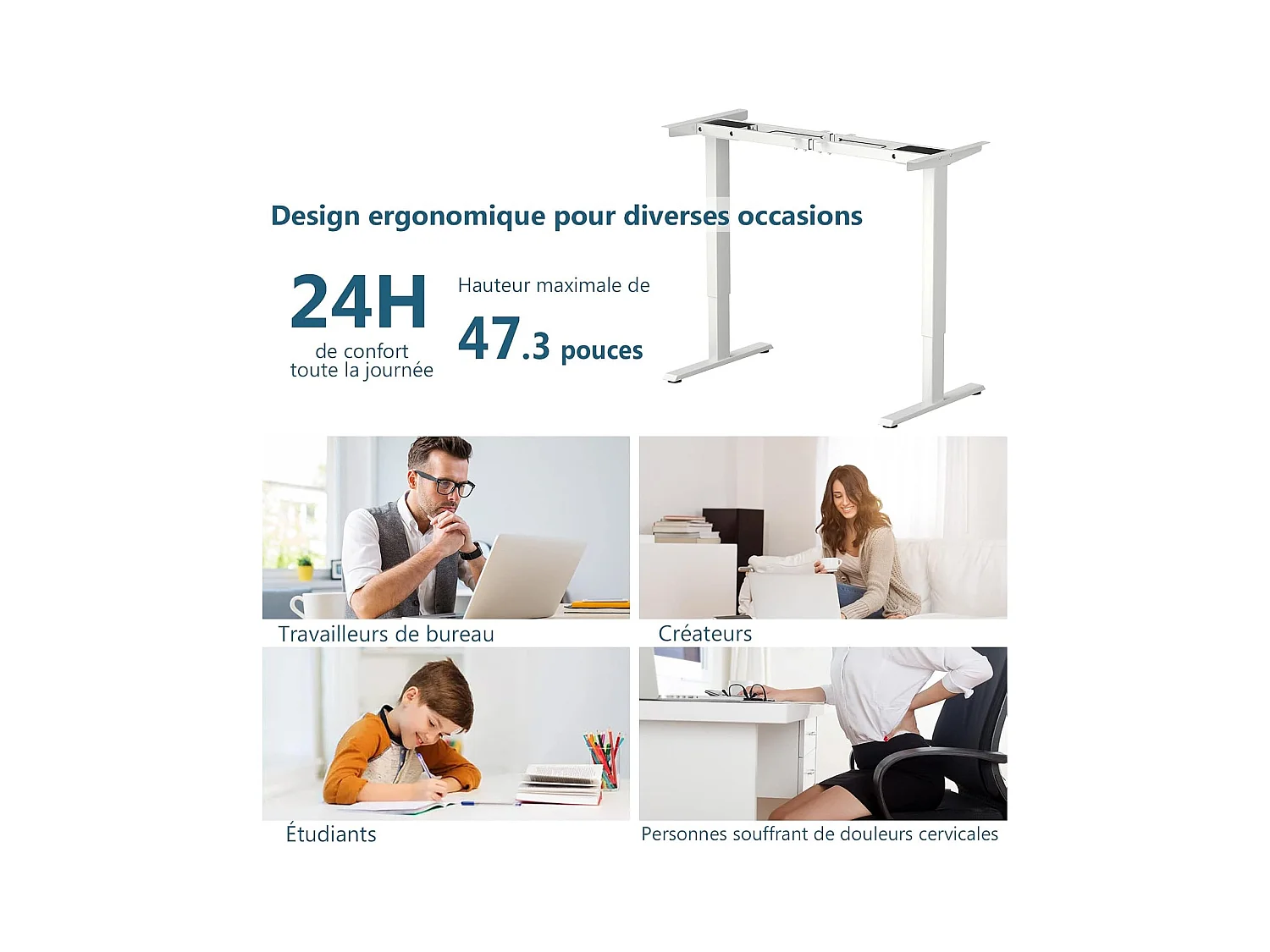 Bureau Assis Debout Électrique à 2 Moteurs/Cadre de Bureau Réglable avec Panneau Smart à Fonctions Mémoires, Charge 100kg, Blanc