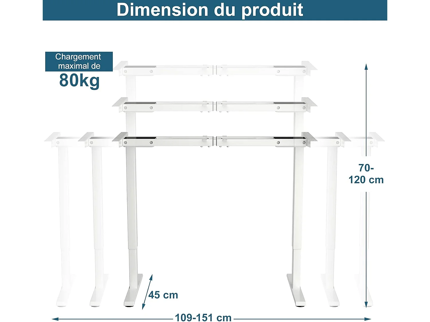 Bureau Assis Debout Électrique à 2 Moteurs/Cadre de Bureau Réglable avec Panneau Smart à Fonctions Mémoires, Charge 100kg, Blanc