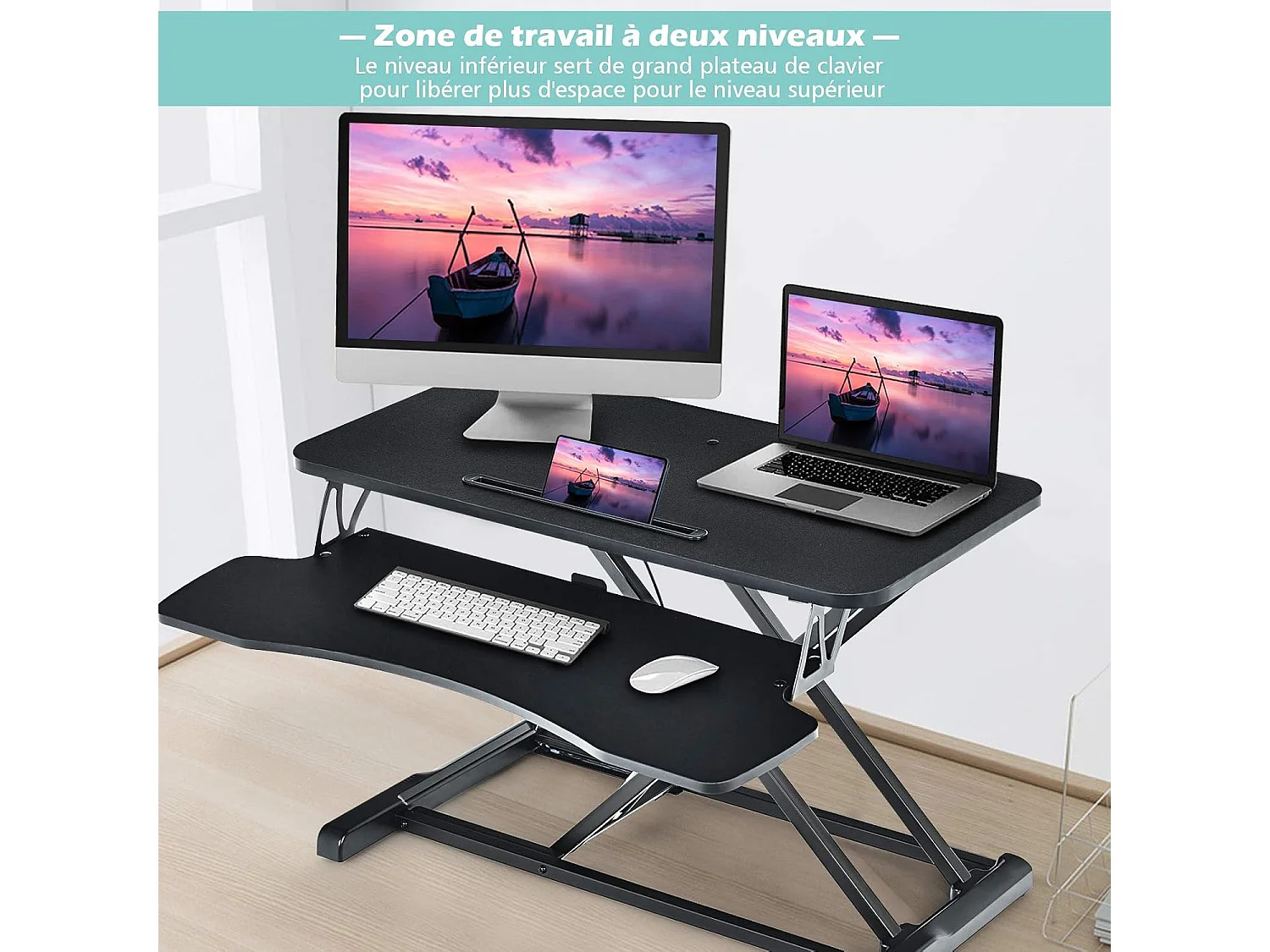 Support de Bureau Hauteur Réglable en Hauteur pour Ordinateur avec Ressort à Gaz,Plateau pour Clavier et Support de Tablette