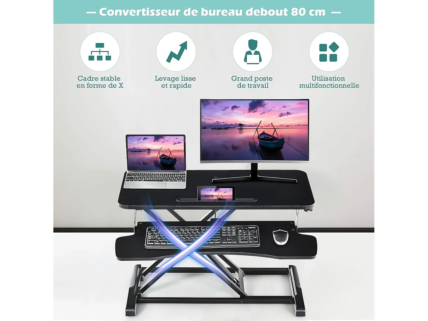 Support de Bureau Hauteur Réglable en Hauteur pour Ordinateur avec Ressort à Gaz,Plateau pour Clavier et Support de Tablette