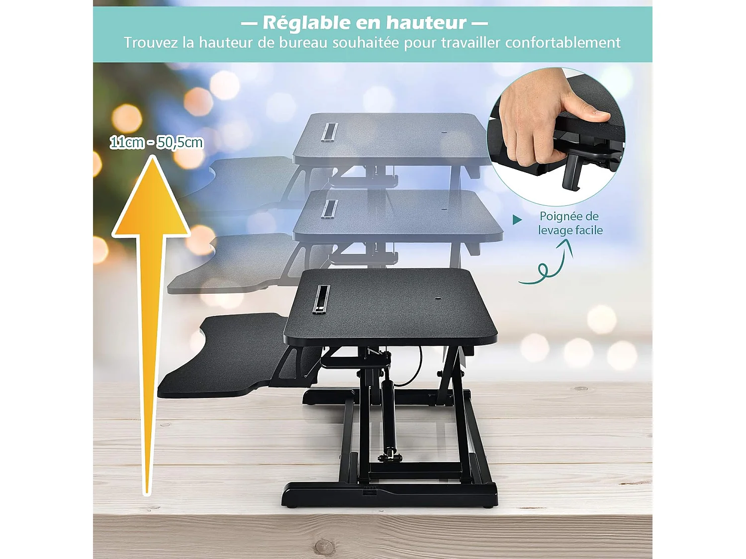 Support de Bureau Hauteur Réglable en Hauteur pour Ordinateur avec Ressort à Gaz,Plateau pour Clavier et Support de Tablette