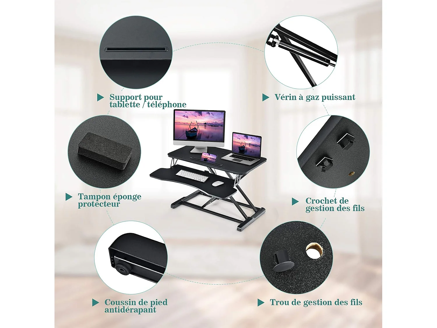 Support de Bureau Hauteur Réglable en Hauteur pour Ordinateur avec Ressort à Gaz,Plateau pour Clavier et Support de Tablette