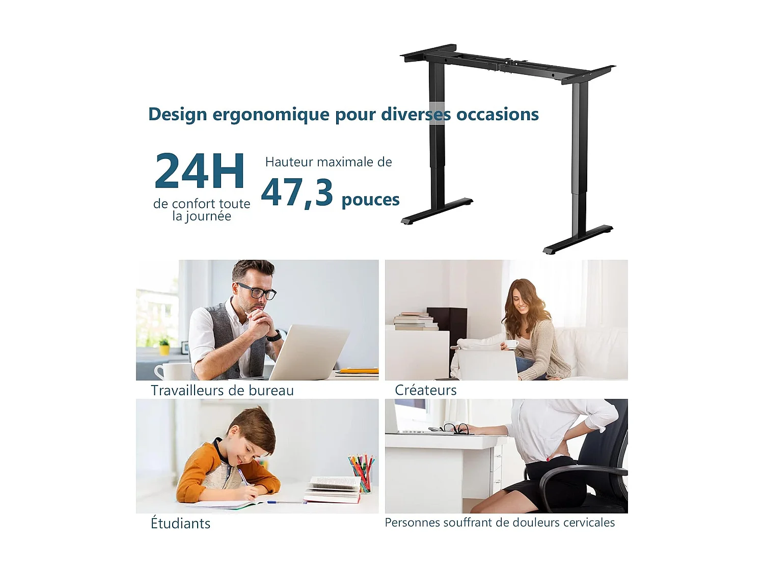 Bureau Assis-Debout Électrique à 2 Moteurs, Cadre de Bureau avec Largeur et Hauteur Réglables,  Contrôle à 4 Boutons de Mémoires, Dispositif Anti-Collision (Noir)