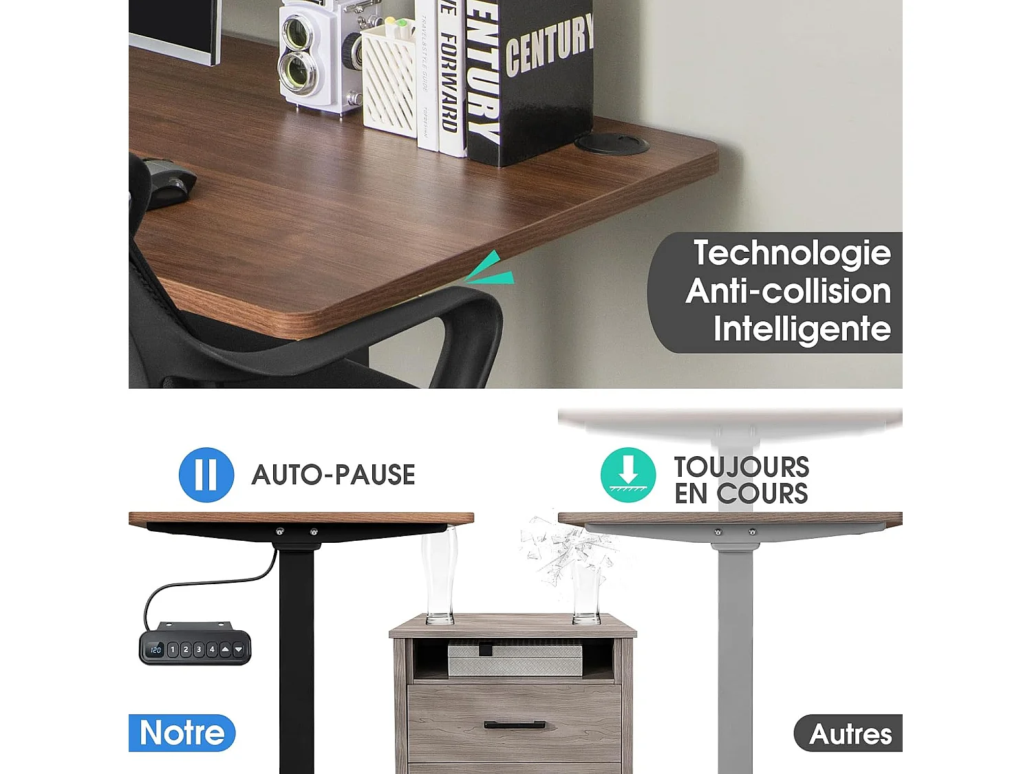 Bureau Assis-Debout Électrique à 2 Moteurs, Cadre de Bureau avec Largeur et Hauteur Réglables,  Contrôle à 4 Boutons de Mémoires, Dispositif Anti-Collision (Noir)