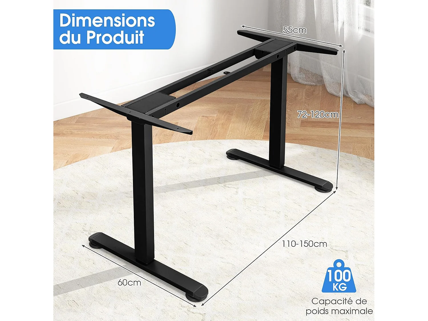 Bureau Assis-Debout Électrique à 2 Moteurs, Cadre de Bureau avec Largeur et Hauteur Réglables,  Contrôle à 4 Boutons de Mémoires, Dispositif Anti-Collision (Noir)