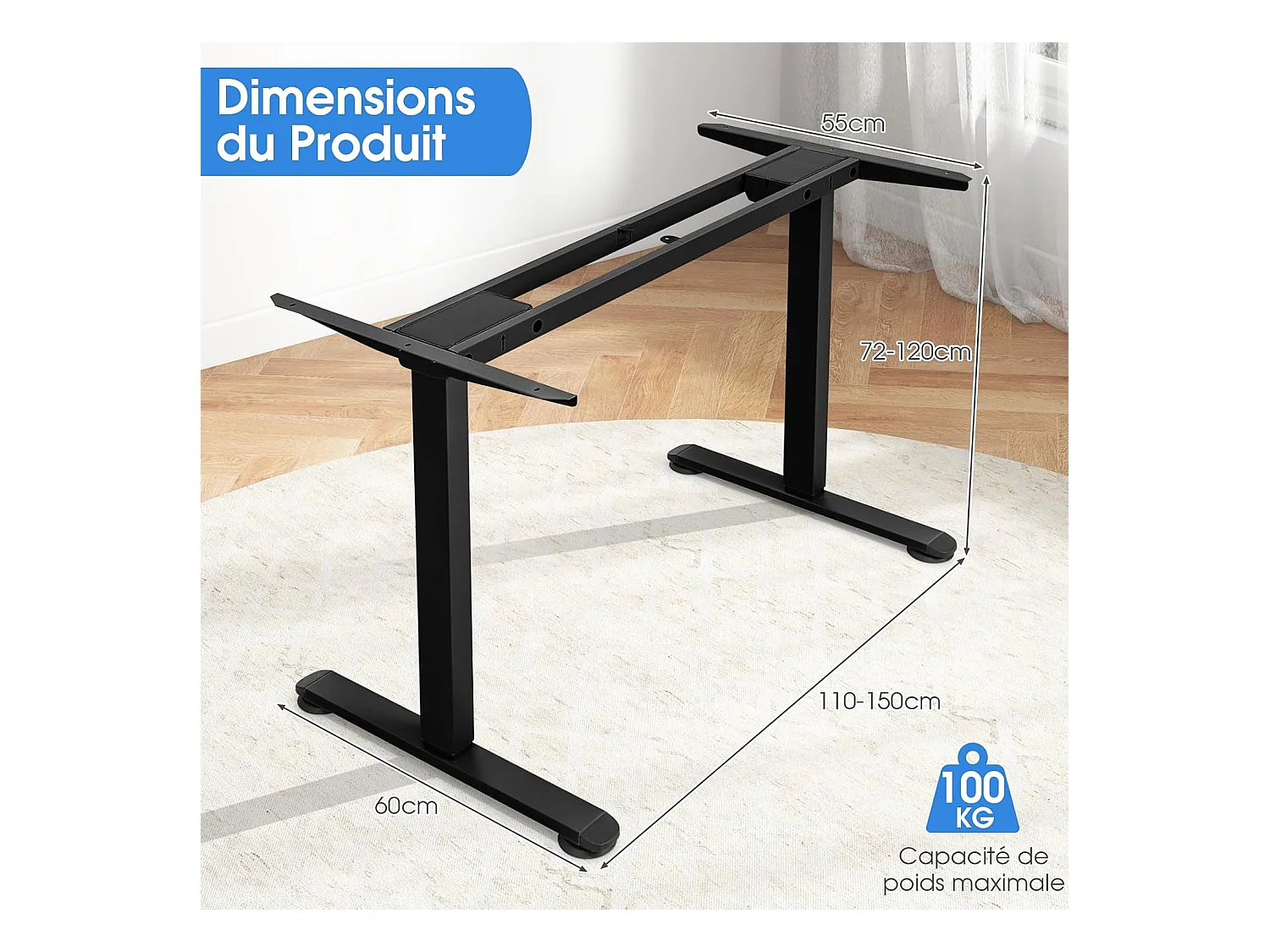 2-motorig elektrisch zit-sta bureau/verstelbaar bureauframe met slim geheugenpaneel, belasting 100 kg, zwart