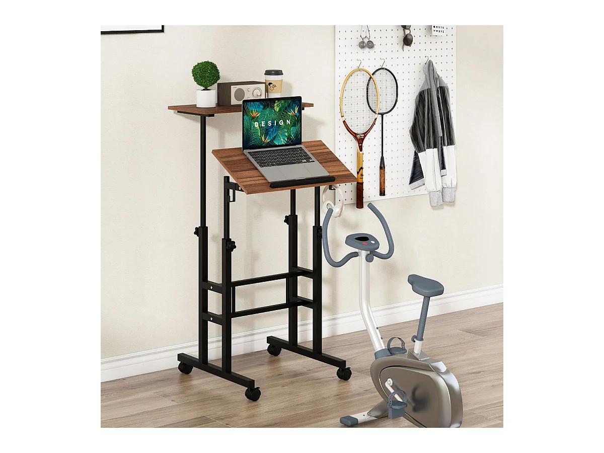 Bureau Assis-Debout à roulettes, Table Informatique à 2 Niveaux pour Ordinateur avec Hauteur Réglable, Noyer