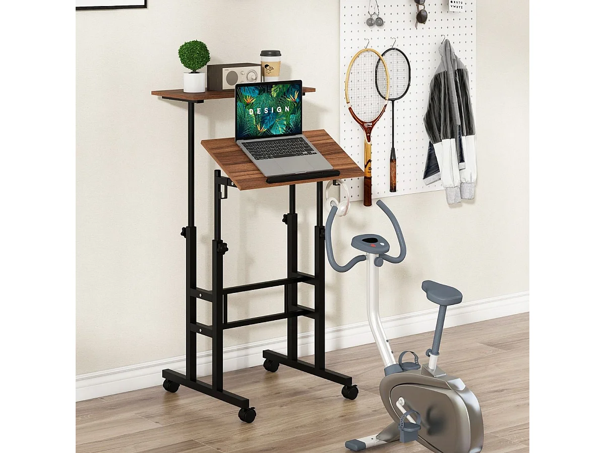 Bureau Assis-Debout à roulettes, Table Informatique à 2 Niveaux pour Ordinateur avec Hauteur Réglable, Noyer